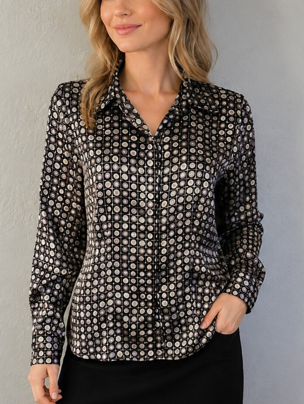RAFAELLA Black and Silver Geometric Circles Satin Button-Up Shirt